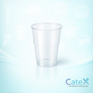 Clear disposable plastic pint glasses stacked and ready for event bar service