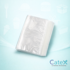 A stack of professional 70 micron clear vacuum pack bags for food storage in Irish butcher shops