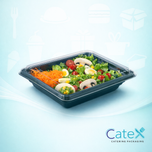 Pack of 400 Pyramipack black square food containers with clear hinged lids, 250ml capacity