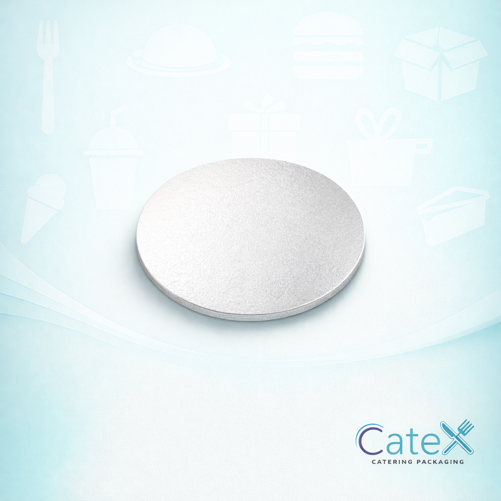 Professional silver round cut edge cake cards with embossed aluminium foil finish for bakery presentation