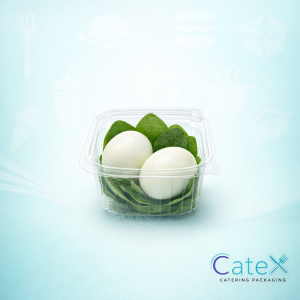 Pack of 400 round plastic salad containers 375cc with integrated hinged lids for food display