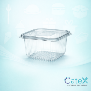 Pack of 500 round plastic salad containers 500cc with integrated hinged lids for professional food display