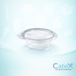 Clear round plastic salad containers with secure hinged lids for deli and takeaway use