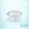 Clear round 375cc plastic salad containers with integrated hinged lids for deli and fresh fruit display