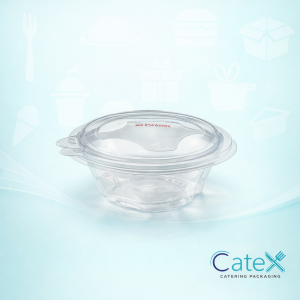 Clear round 375cc plastic salad containers with integrated hinged lids for deli and fresh fruit display