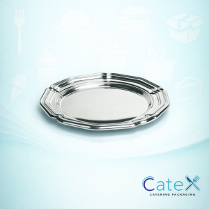 Sabert 34cm round silver catering platter with high-gloss reflective finish for buffet displays