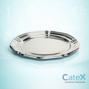 Elegant Sabert round silver plastic platter for professional catering and buffet displays