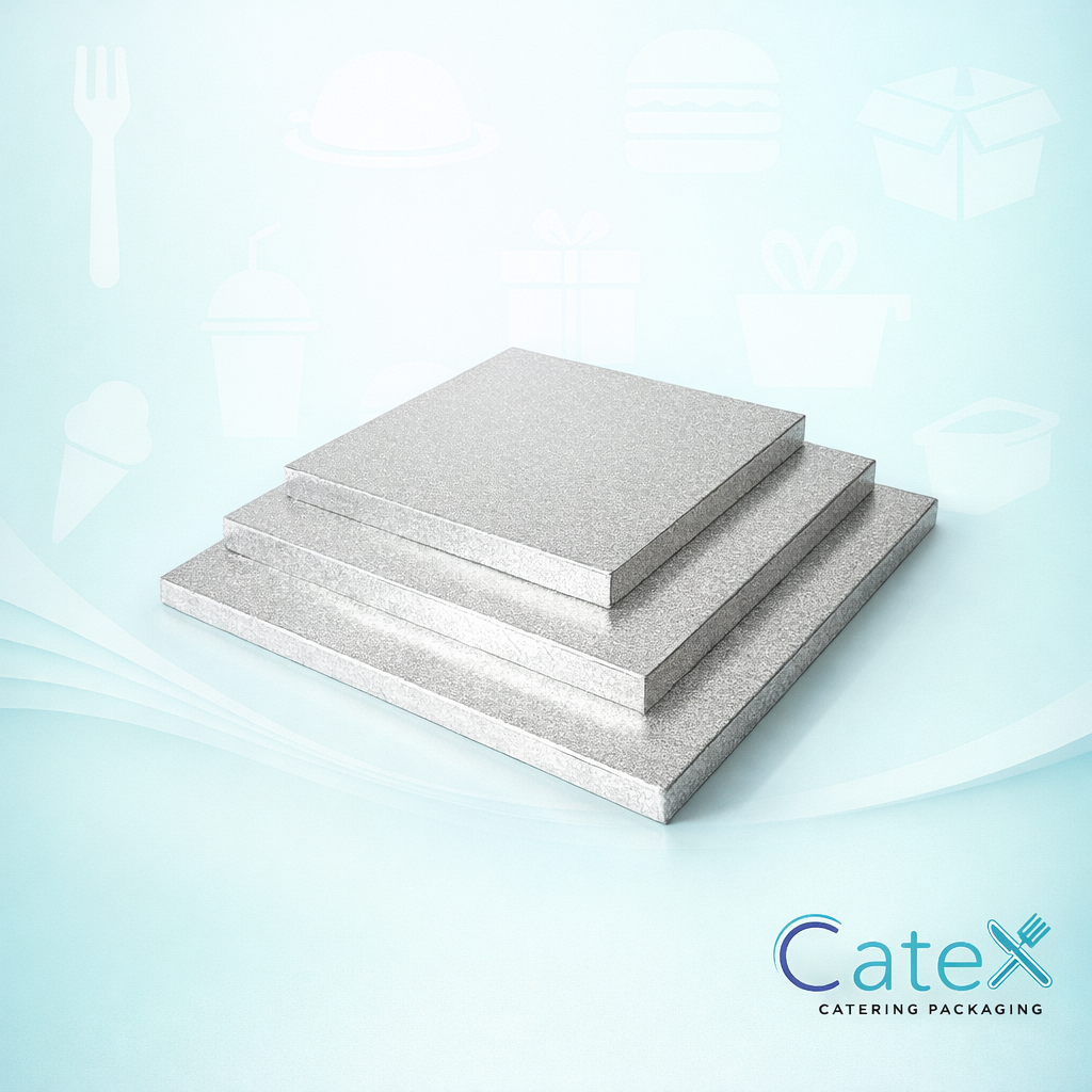 Professional silver square cake boards with embossed aluminum foil finish for cake presentation in Ireland