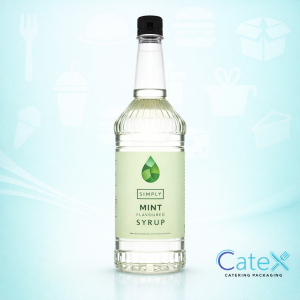 1 Litre shatterproof plastic bottle of Simply Mint Syrup for cocktails and smoothies in an Irish bar