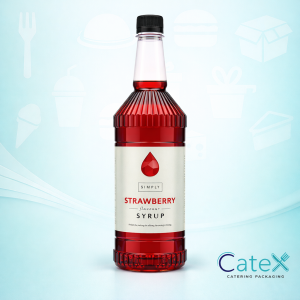 1 Litre shatterproof plastic bottle of Simply Strawberry Syrup for cocktails and milkshakes in an Irish cafe