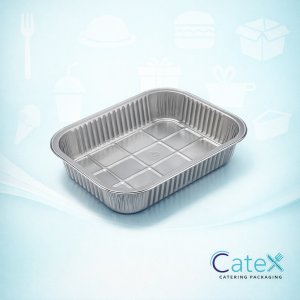 Compact rigid smoothwall aluminium foil tray measuring 200mm by 130mm by 45mm depth