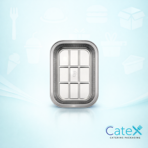 Shallow rigid smoothwall aluminium foil tray measuring 220mm by 150mm by 34mm depth