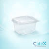 Clear square plastic salad containers with integrated hinged lids for deli displays