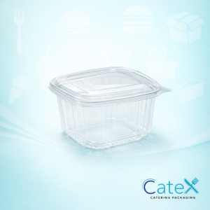 Clear square plastic salad containers with integrated hinged lids for deli displays