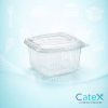Clear square plastic salad containers with integrated hinged lids in various sizes for deli display