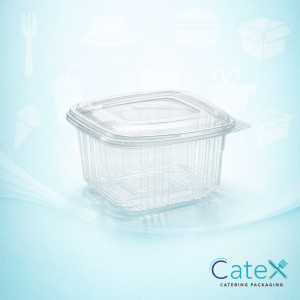 Clear square plastic salad containers with integrated hinged lids in various sizes for deli display