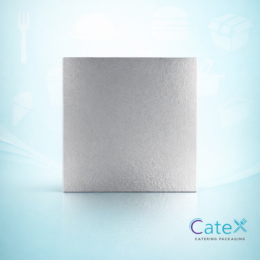 Pack of 25 silver square single thick 10 inch cake boards hygienically shrink wrapped for bakeries