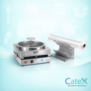 Standard commercial pizza capper dispenser and application fork for shrink film packaging