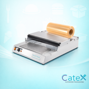 TW45 manual hand-wrapping machine in white with heated sealing plate for professional food tray packaging