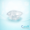 Clear twisty hinged salad bowls with unique textured design for premium deli food display