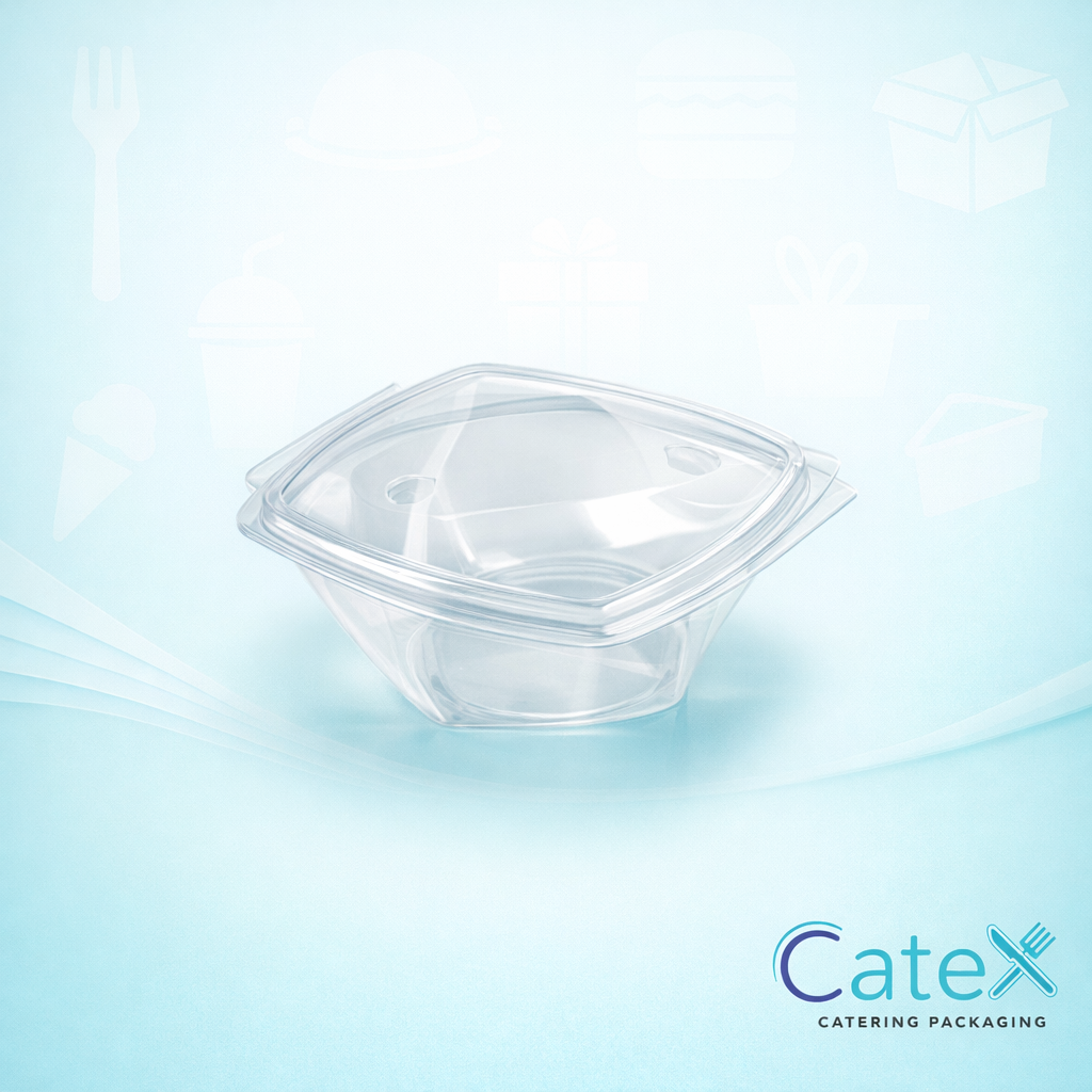 Clear twisty hinged salad bowls with unique textured design for premium deli food display