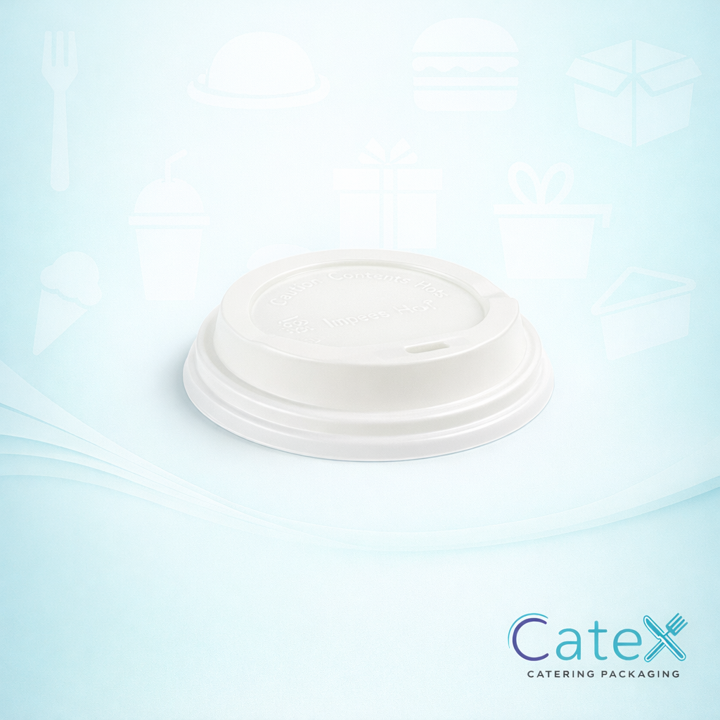 White compostable PLA hot coffee cup lids made from CPLA for 8oz and 10oz cups in Ireland