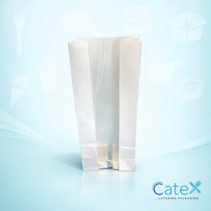 Pack of 250 white kraft large treat bags with a long PE window for bakery and deli use in Ireland