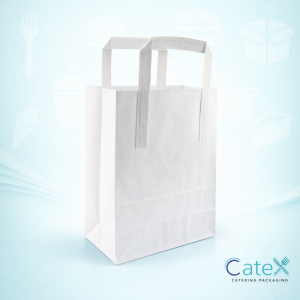 Pack of 250 small white kraft paper carrier bags with handles measuring 7x4x9 inches