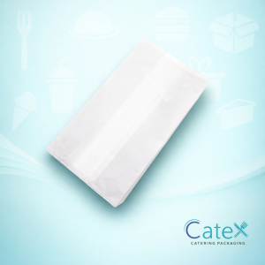 Large white paper bread bag with a clear window and strung corner for bakery use in Ireland