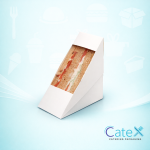 Professional white paper sandwich wedges with a clear viewing window for fresh food display