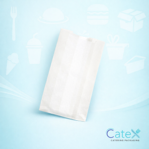 Pack of 1000 small white paper bread bags with clear display window strung for easy dispensing