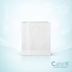 Stack of medium white sulphite paper bags 7 x 9 inch for bakery and pharmacy use