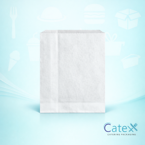 Stacks of white sulphite paper bags in various sizes for retail and bakery counter use