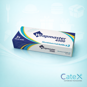 Pack of 3 Wrapmaster 450mm catering tin foil roll refills for the WM4500 dispenser in a commercial kitchen